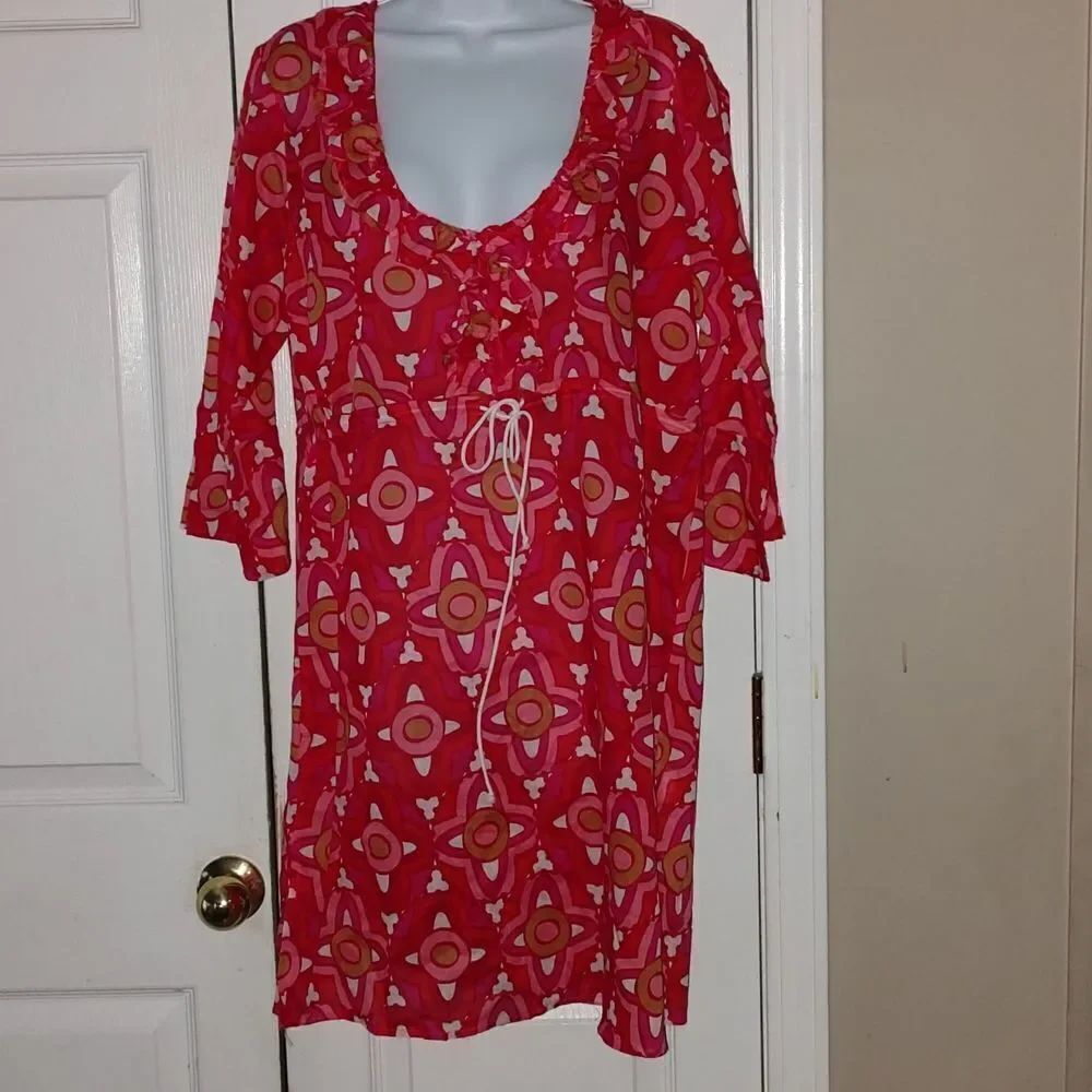 Mud Pie CoverUp Pink Red Dress 3/4 sleeve   Sz L